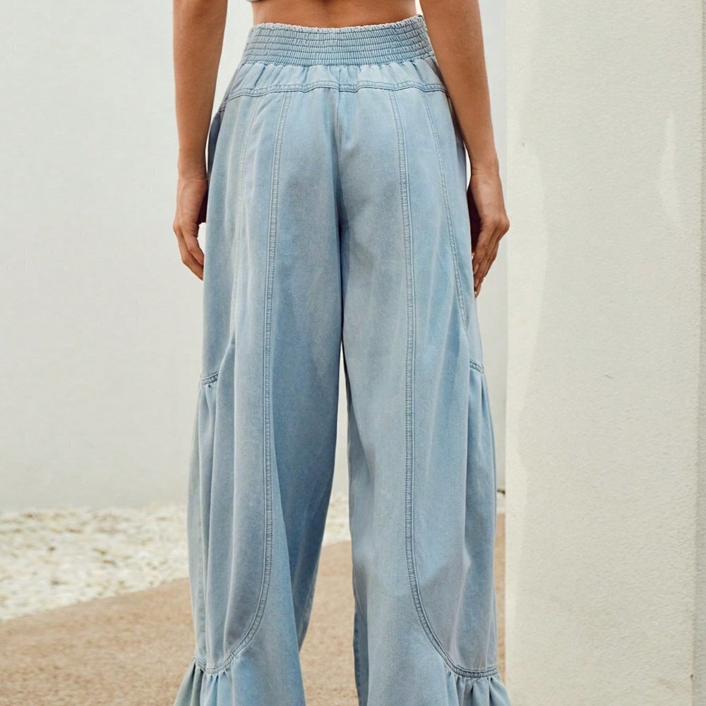 Blue Casual Womens High Waist Ruffle Hem Wide Leg Jeans - Picture 2 of 5